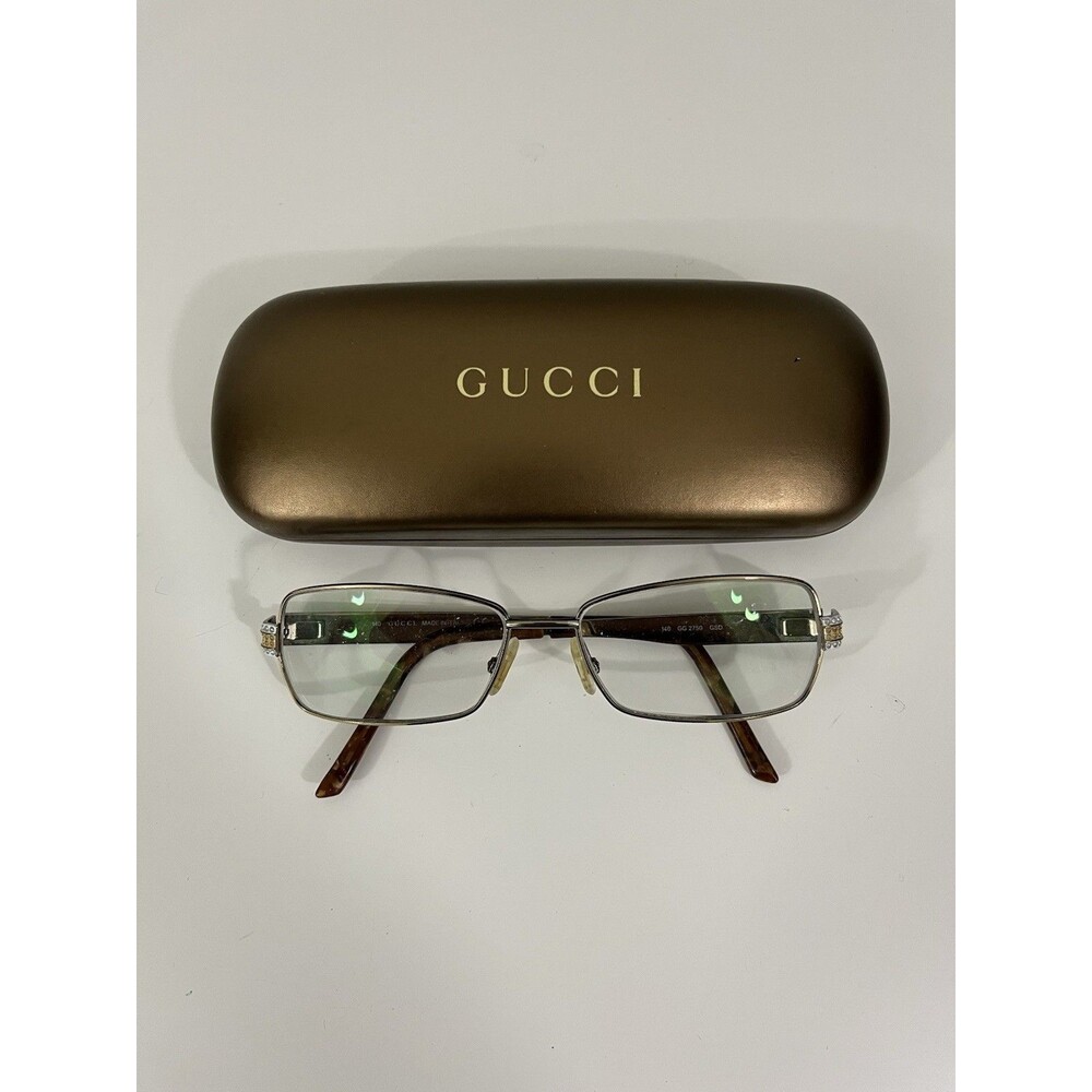 Gucci Square Bronze Gold Crystals Eyeglasses Frame & Case VTG Style Old Money